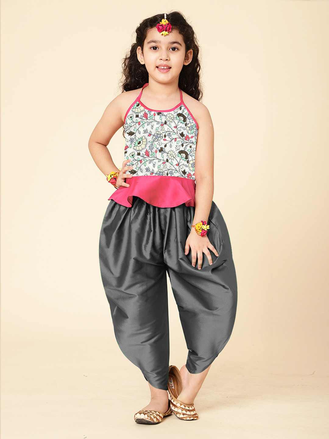 A T U N Girls Pink & Grey Embroidered Top with Dhoti Pant Set