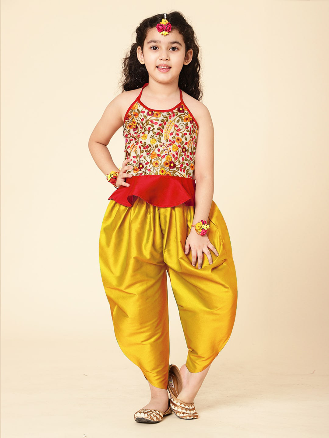 A T U N Girls Red & Yellow Embroidered Halter Top with Dhoti Pant Set