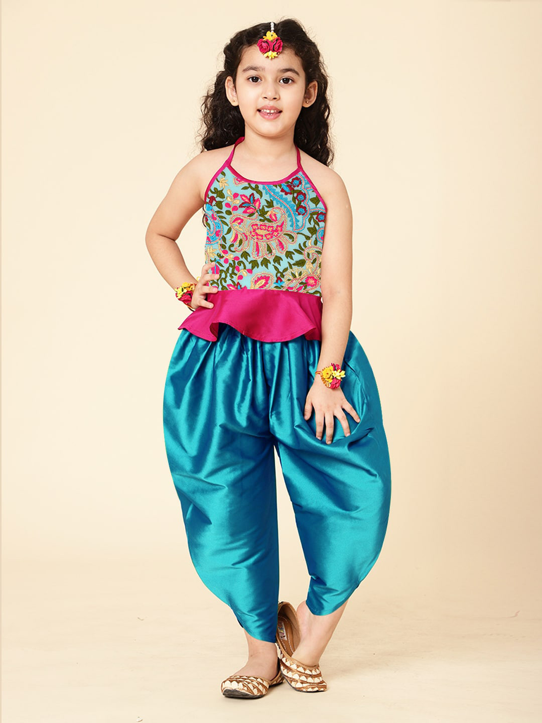 A T U N Girls Fuchsia & Turquoise Blue Embroidered Halter Peplum Top with Dhoti Pant Set