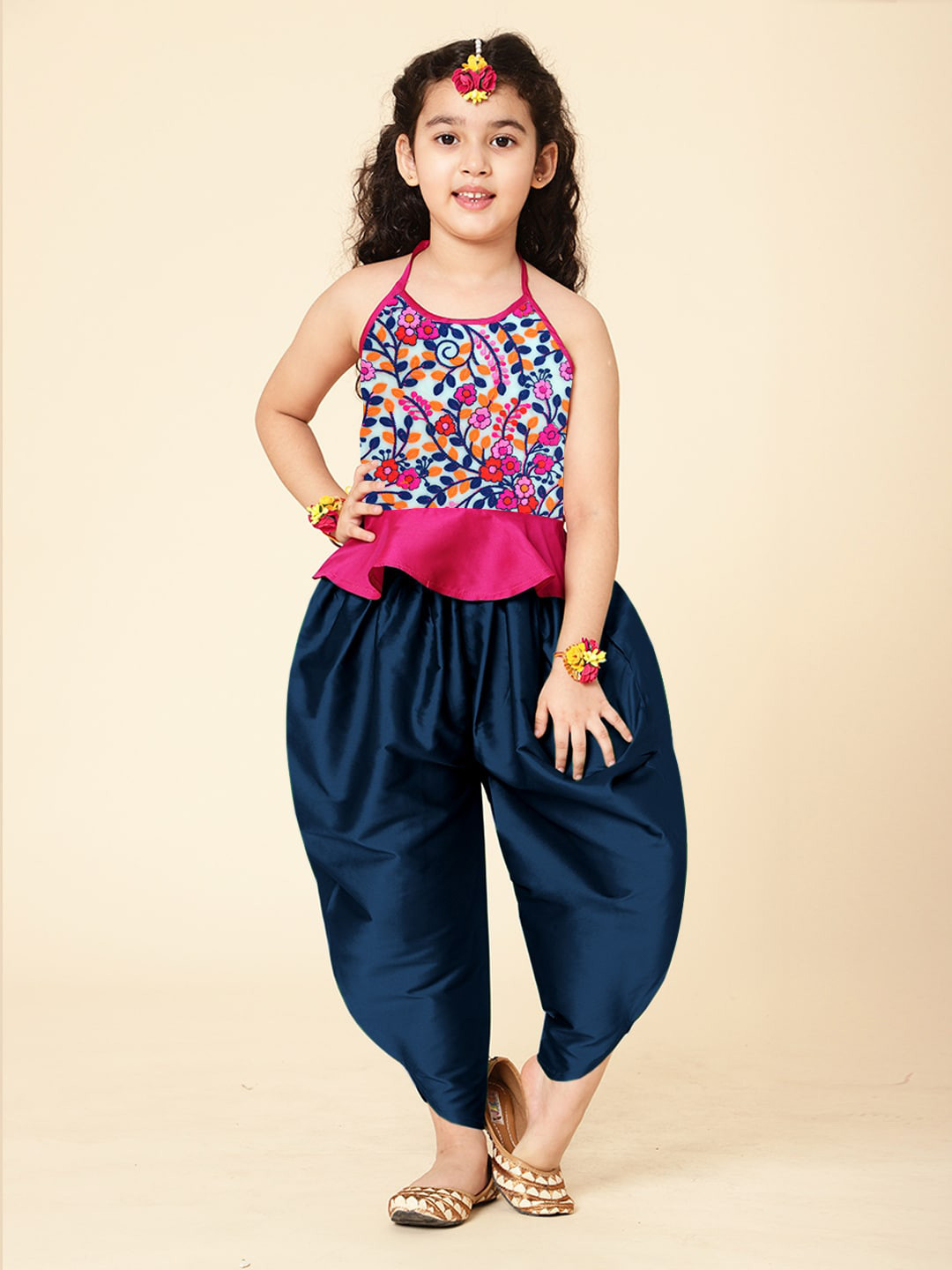 A T U N Girls Fuchsia & Blue Embroidered Halter Peplum Top with Dhoti Pant Set