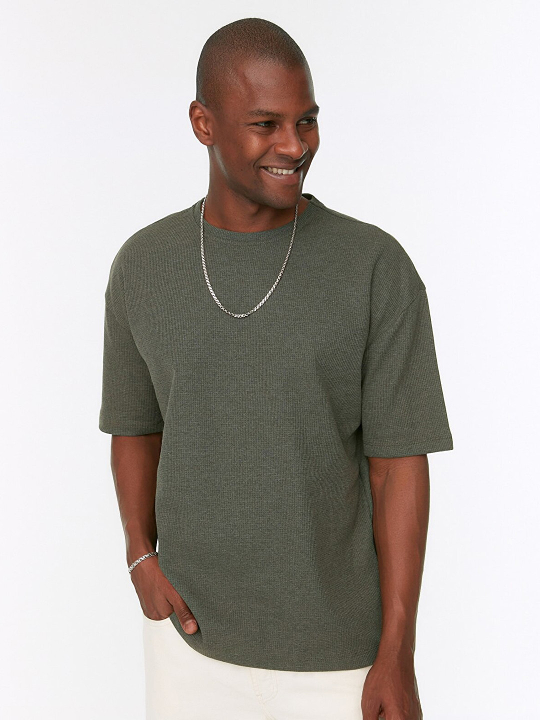 Trendyol Men Khaki Solid T-shirt
