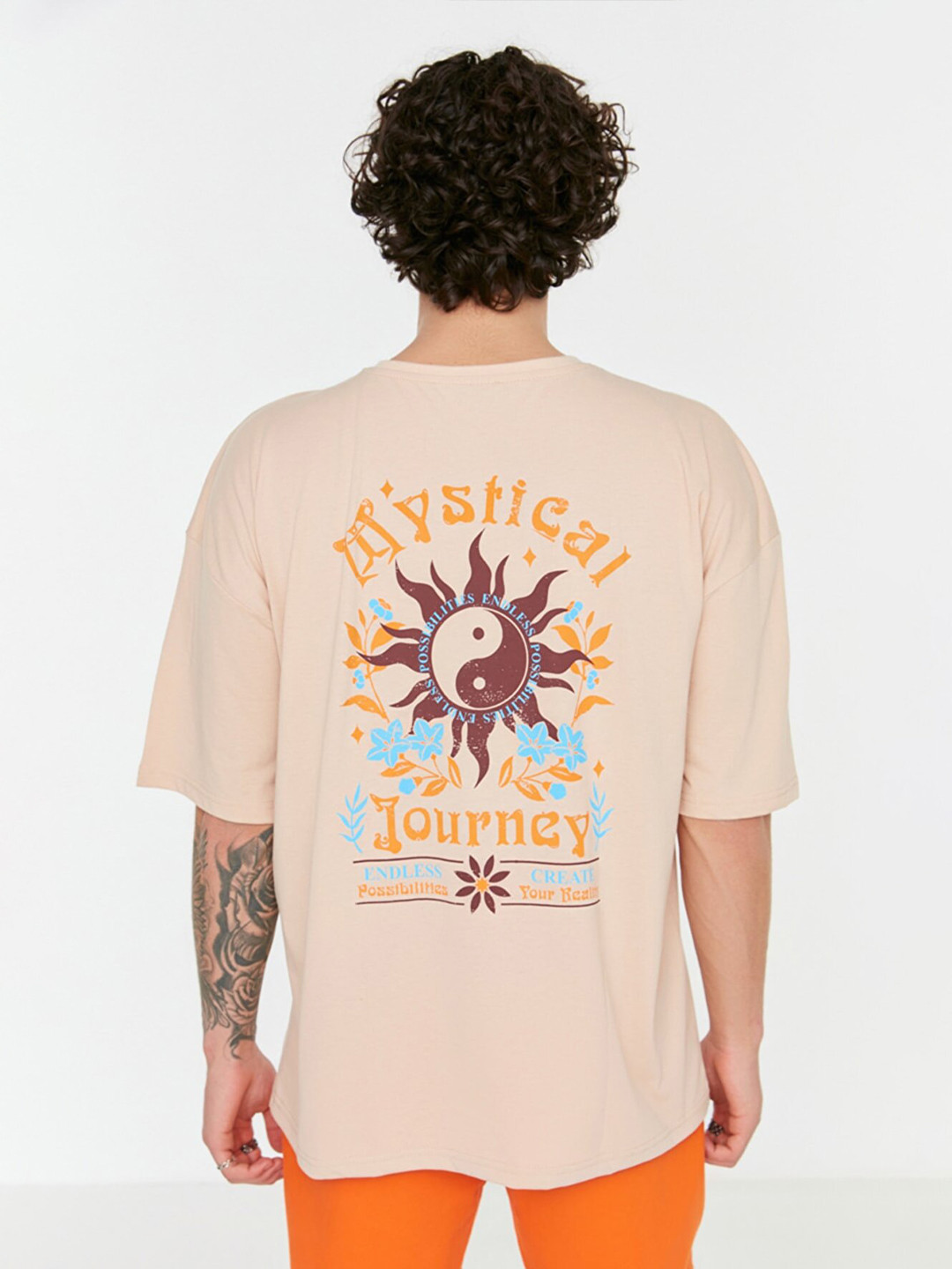 Trendyol Men Tan Printed Drop-Shoulder Sleeves Polyester T-shirt