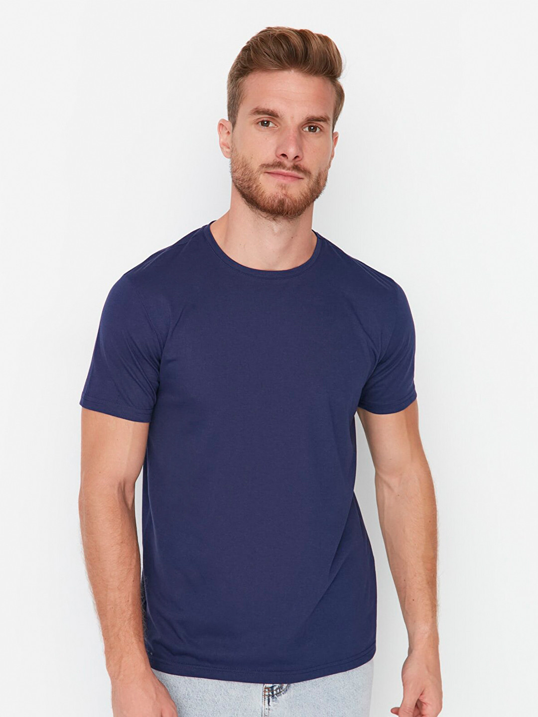 Trendyol Men Navy Blue Solid Cotton T-shirt