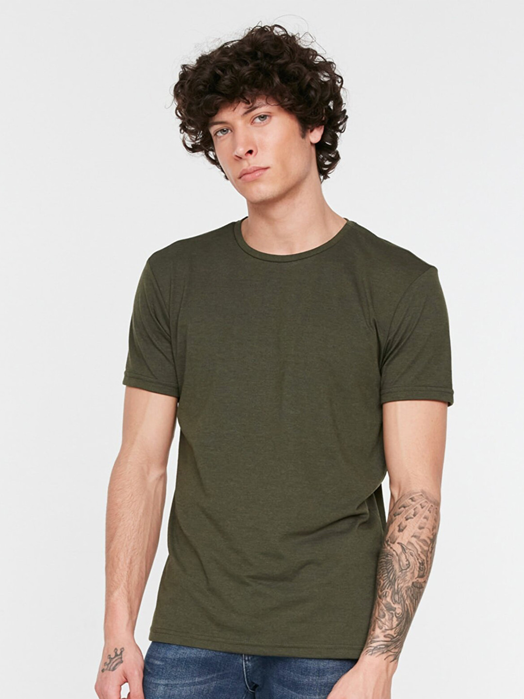 Trendyol Men Khaki Solid Regular Fit Cotton T-shirt