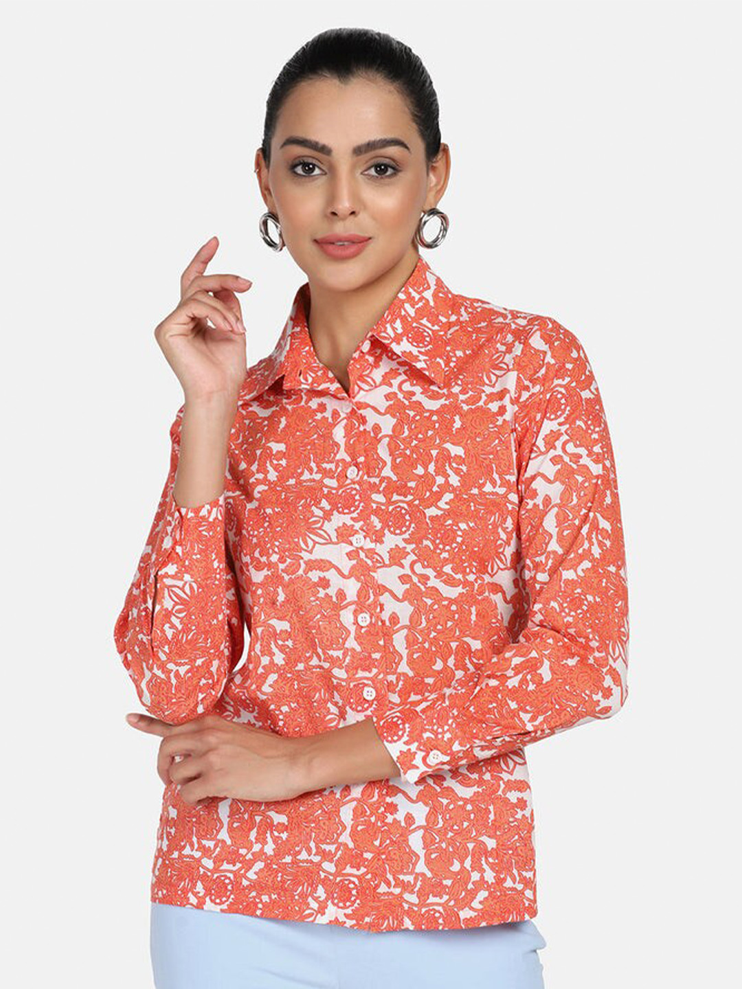 PowerSutra Women Orange And White Floral Printed Cotton Regular Fit Casual Shirt