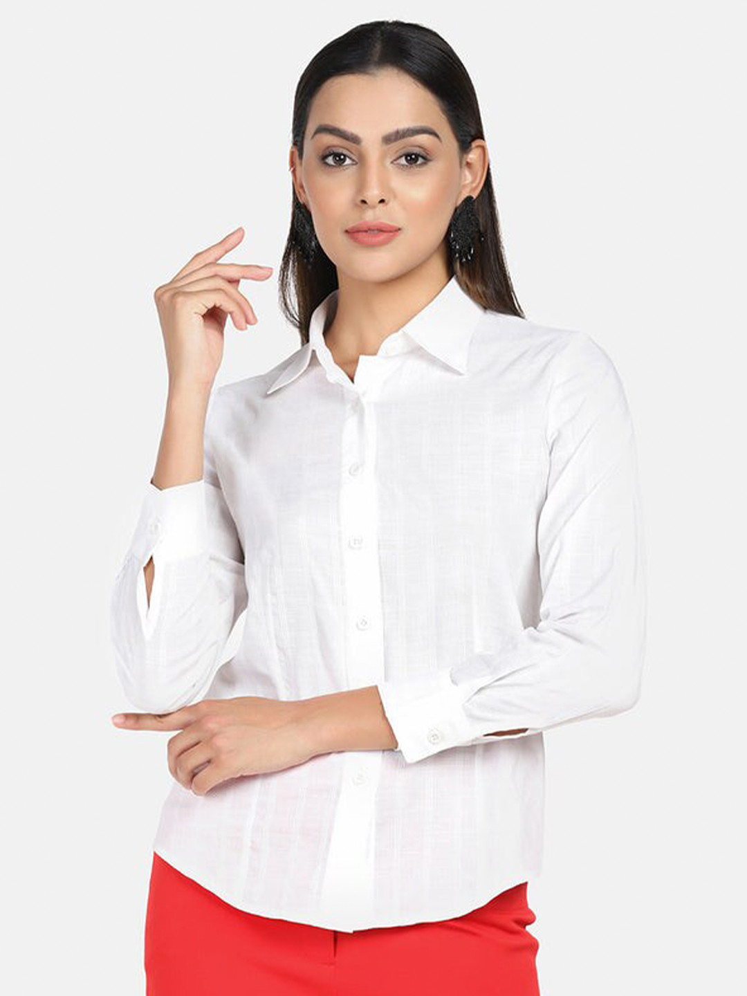 PowerSutra Women White Long Sleeves Cotton Regular Fit Casual Shirt