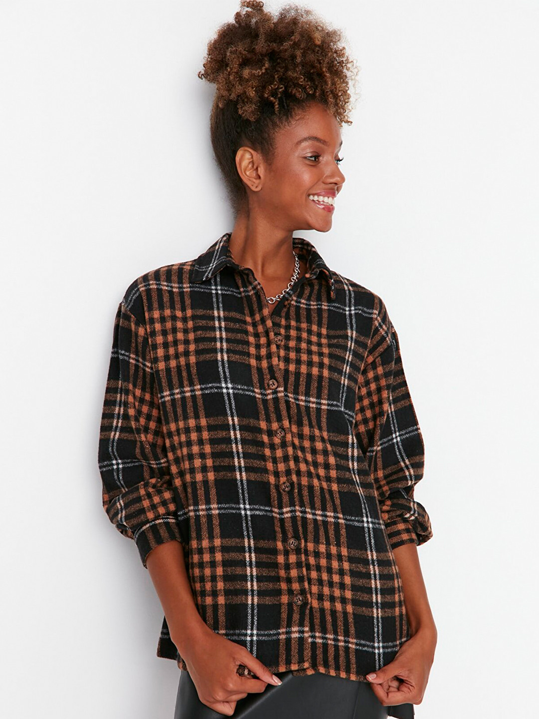 Trendyol Women Brown and Black Tartan Check Long Sleeves Regular Fit Casual Shirt