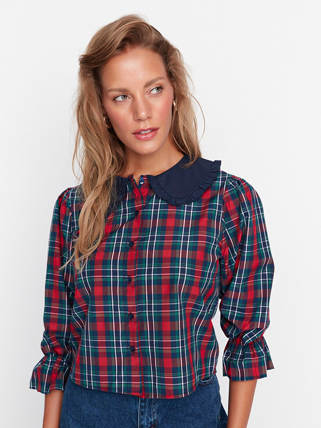 Trendyol Women Navy Blue & Red Tartan Checked Casual Shirt