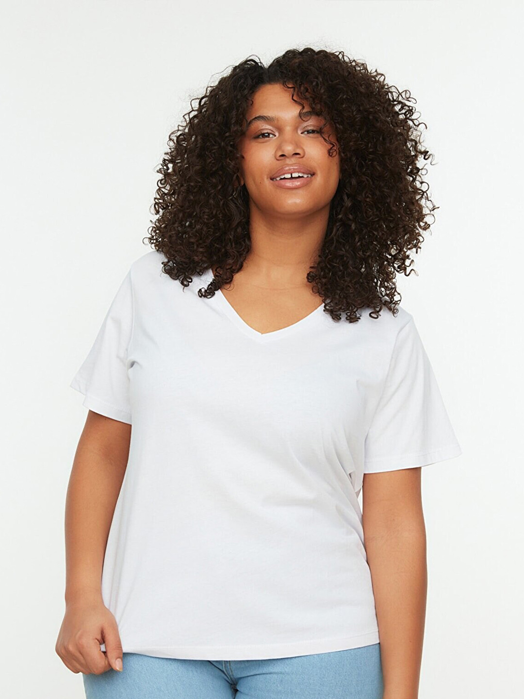 Trendyol Women White Cotton Solid V-Neck T-shirt