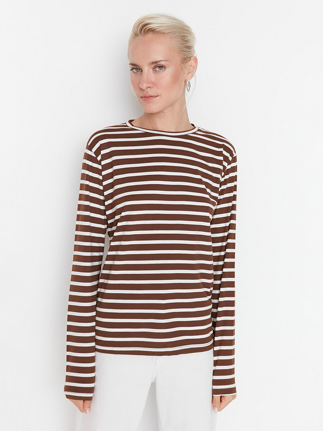 Trendyol Women Brown & White Striped T-shirt