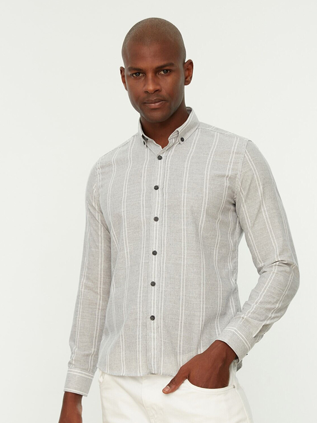 Trendyol Men Grey Striped Button Down Collar Long Sleeves Regular Fit Casual Shirt