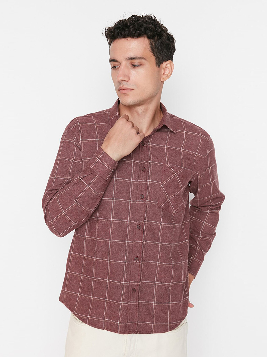 Trendyol Men Burgundy Windowpane Checked Casual Shirt