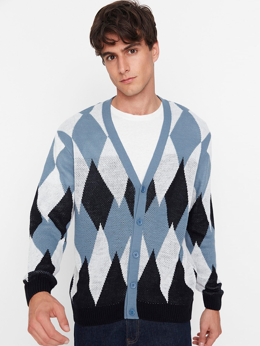 Trendyol Men Navy Blue & Black Geometric Printed Cardigan