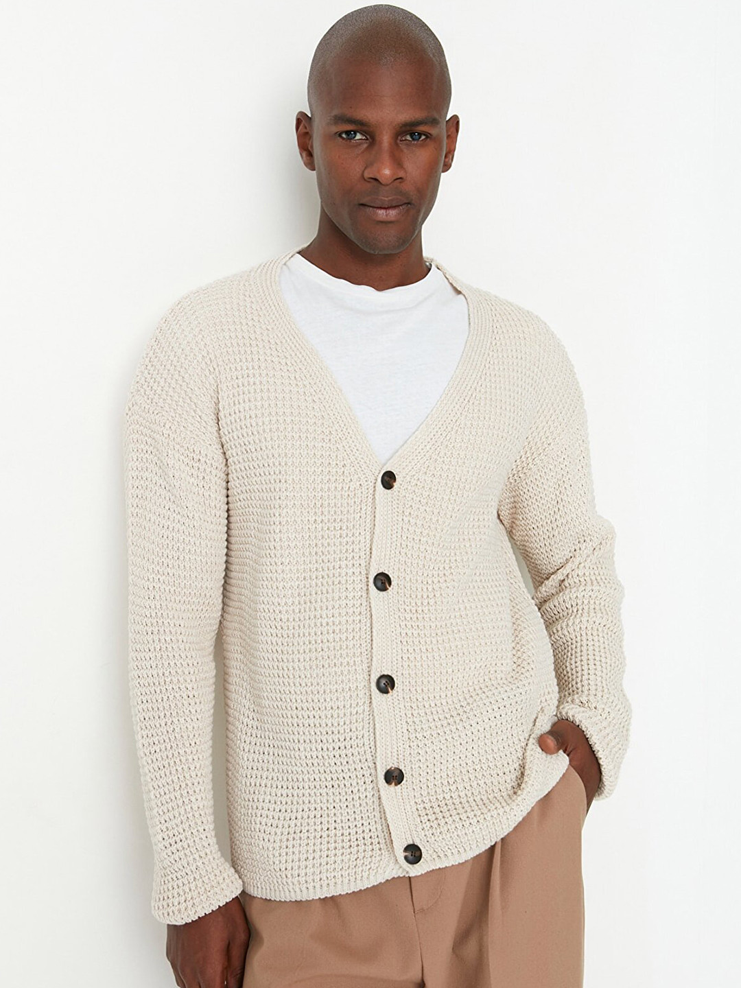 Trendyol Men Beige Cable Knit Acrylic Cardigan Sweater