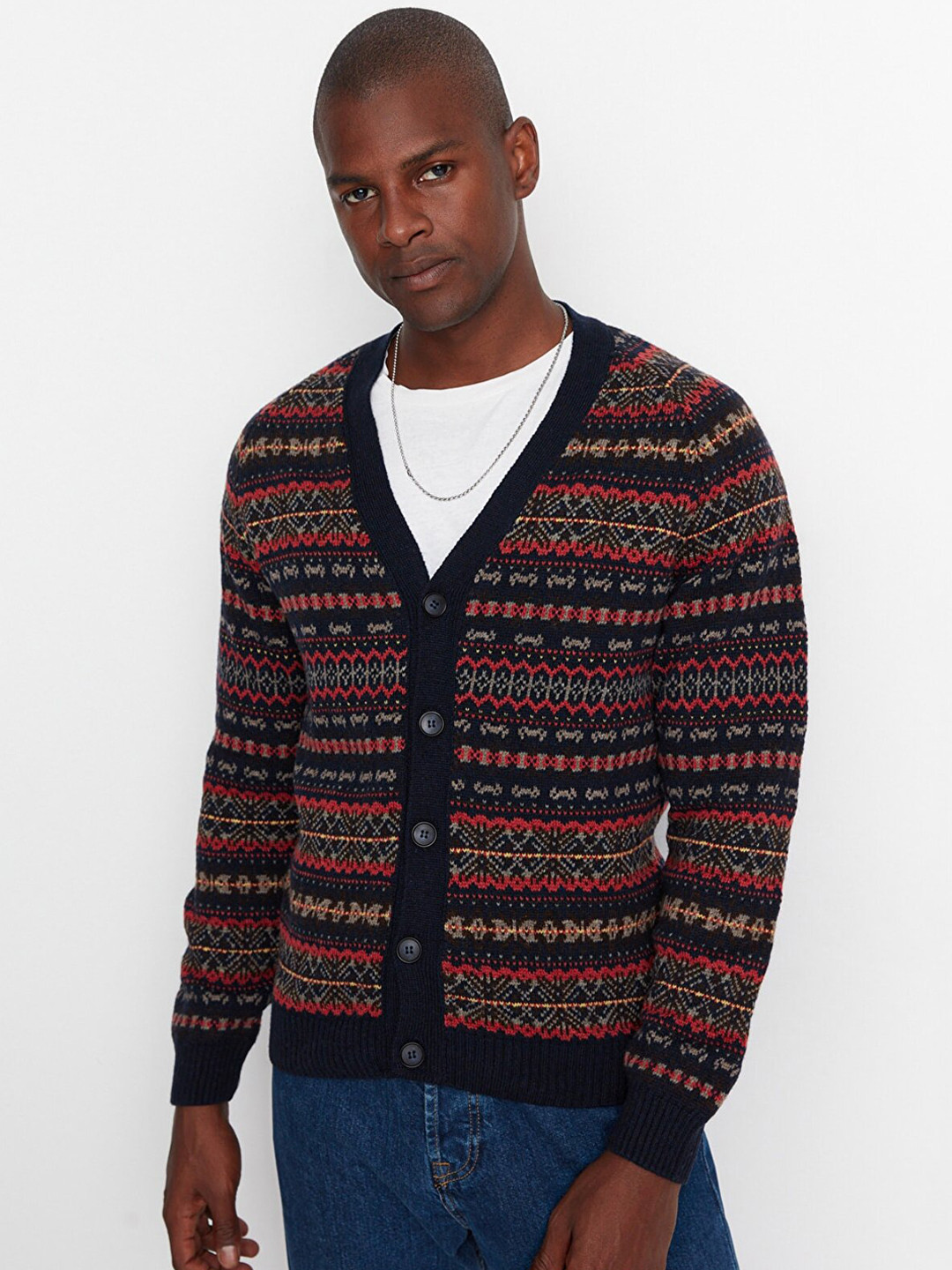Trendyol Men Navy Blue Printed Cardigan Sweater