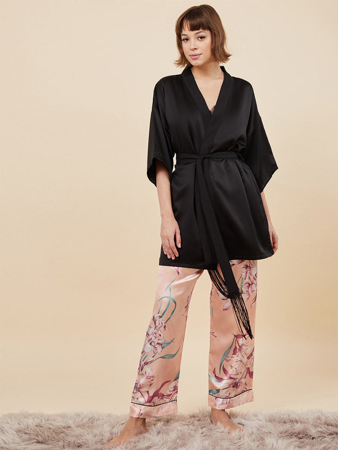 Styli Women Pack of 3 Black Satin Lace Trim Cami and Robe with Floral Pyjama Set