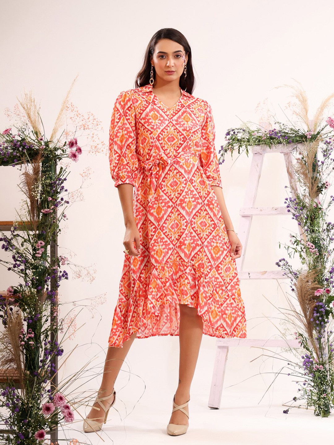 JISORA Orange & White Ethnic Motifs A-Line Midi Dress