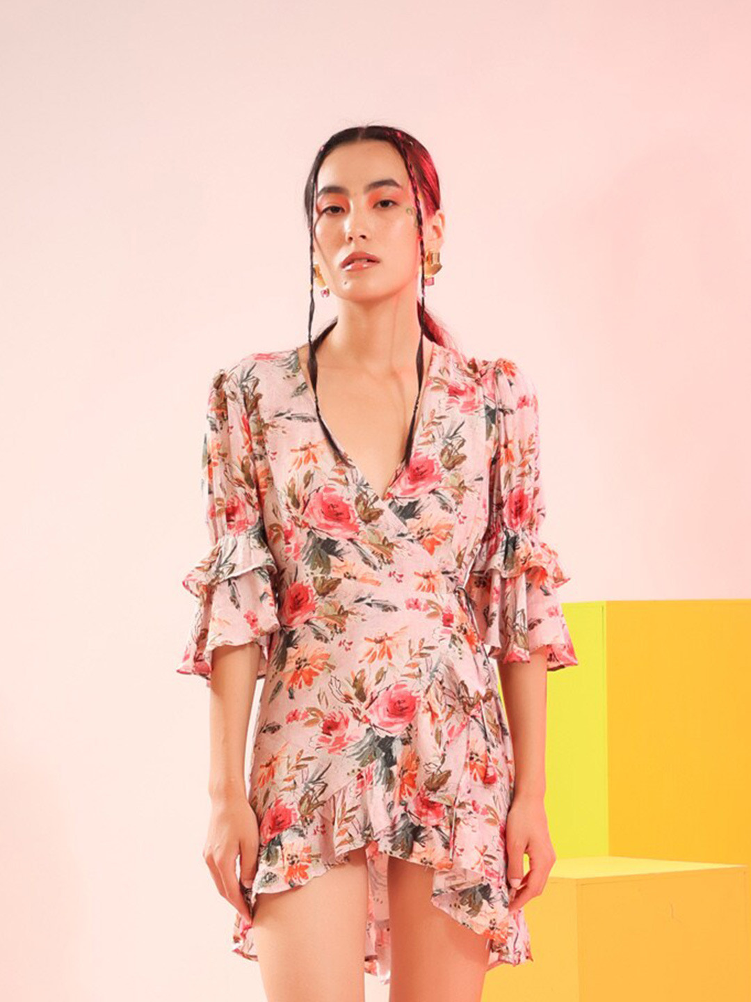 JISORA Women Pink Floral Layered A-Line Mini Dress