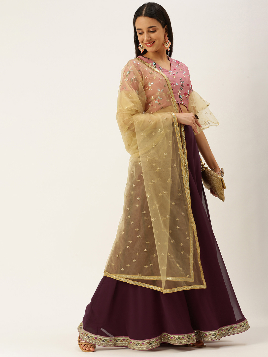 Ethnovog Woman  Embroidered Thread Work Ready to Wear Lehenga  Blouse With Dupatta