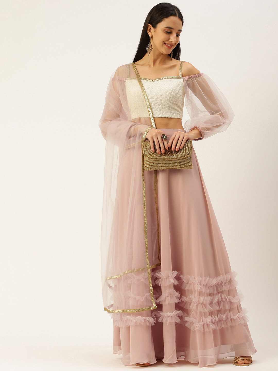 Ethnovog Woman Embroidered Thread Work Ready to Wear Lehenga  Blouse With Dupatta