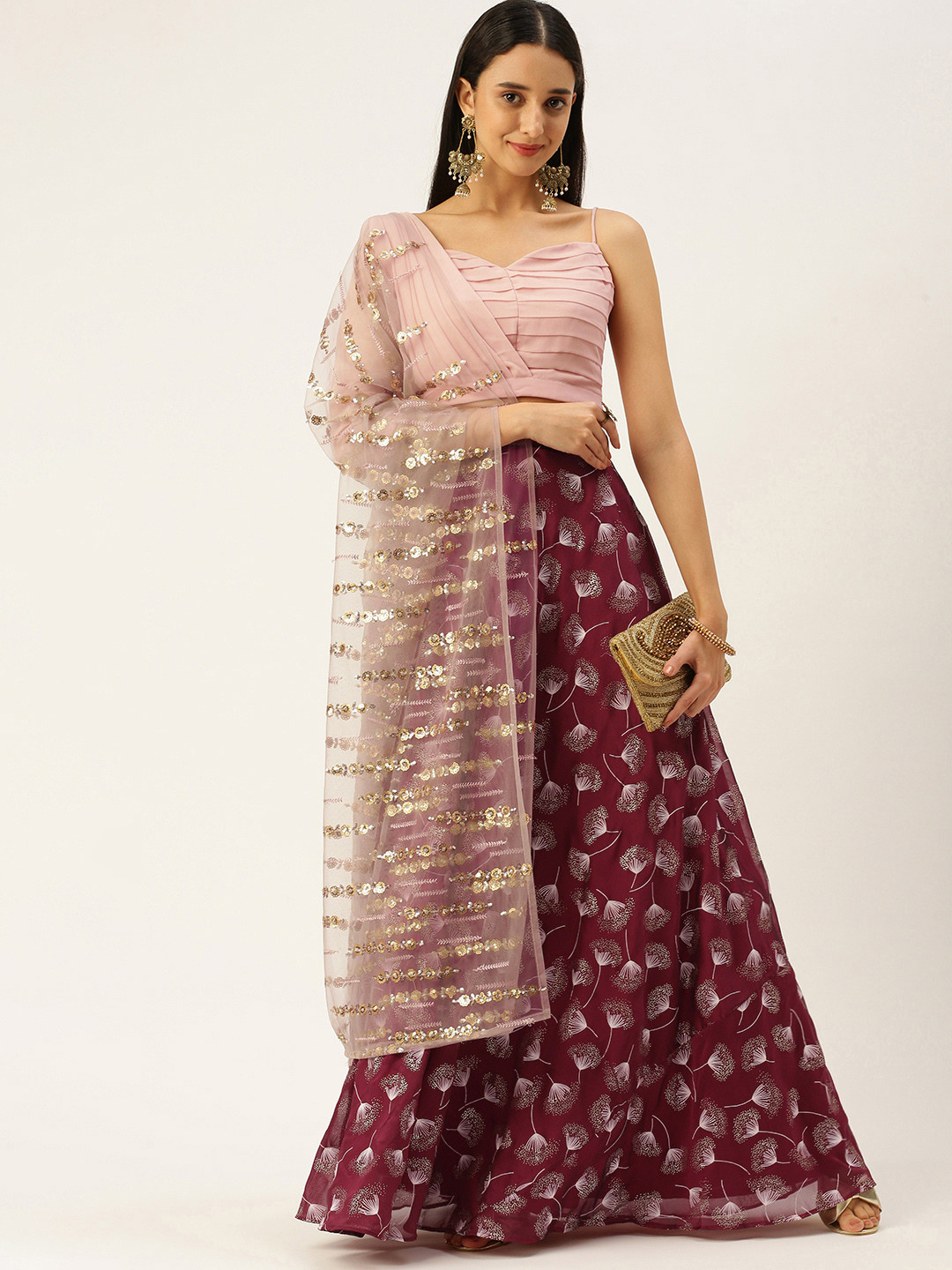 Ethnovog Peach-Coloured  Maroon Ready to Wear Lehenga  Blouse With Dupatta
