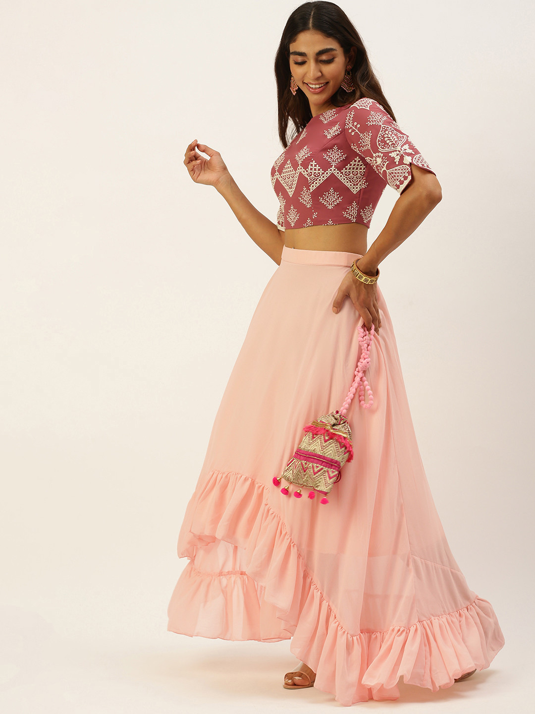Ethnovog Mauve  Peach-Coloured Printed Ready to Wear Lehenga