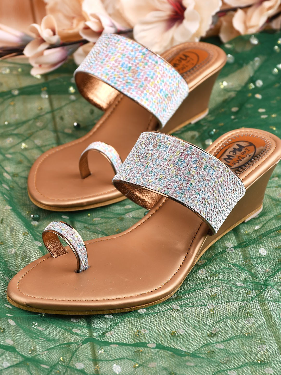 Try Me Women Gold-Toned Party Wedge Sandals with Bows