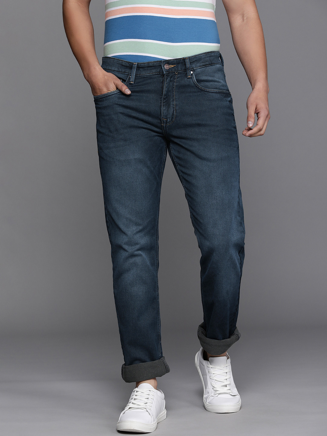 Louis Philippe Jeans Men Navy Blue Narrow Slim Fit Low-Rise Light Fade Bleached Stretchable Jeans