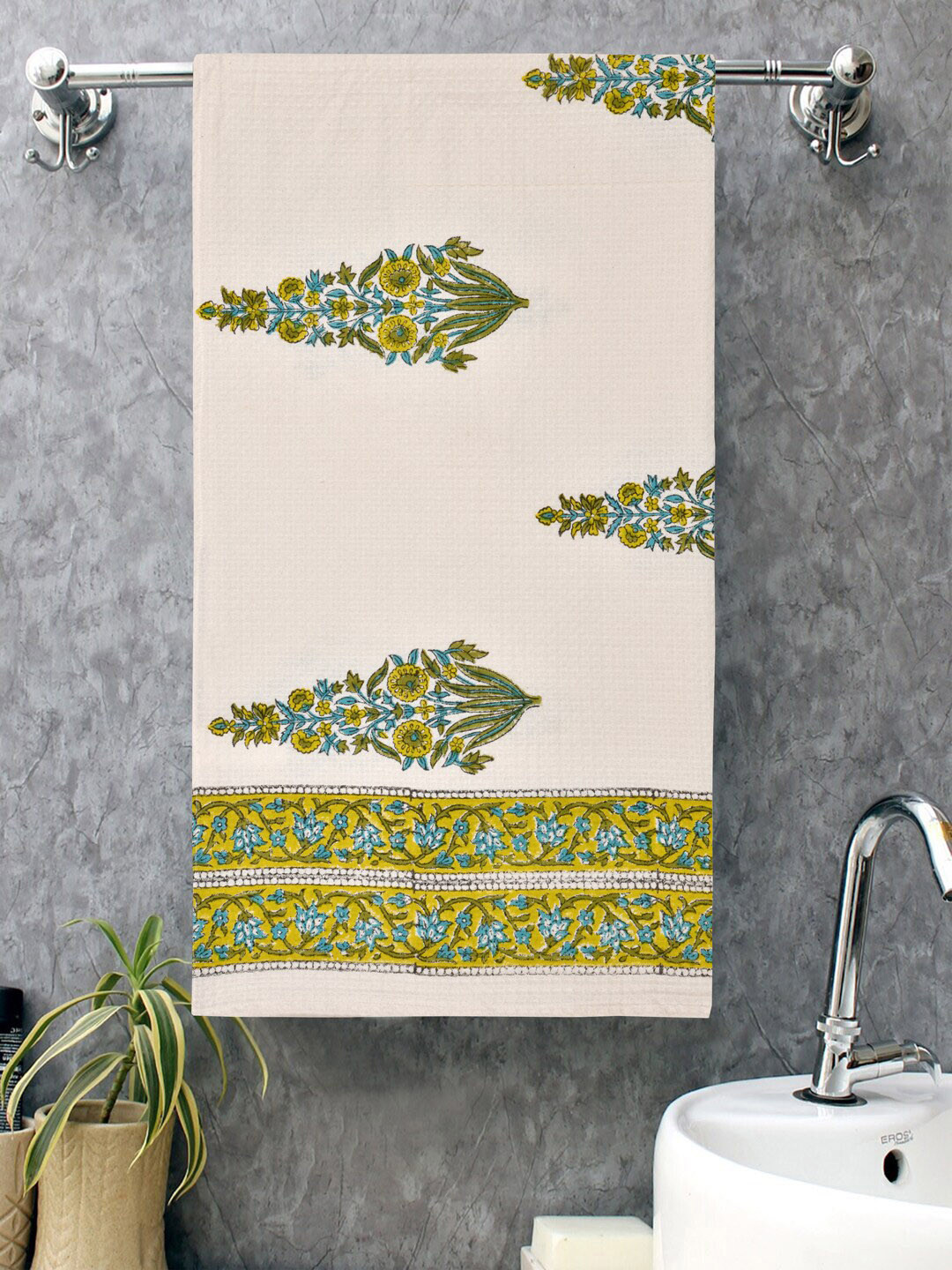 Gulaab Jaipur Green & White Printed 400 GSM Organic Cotton Bath Towel