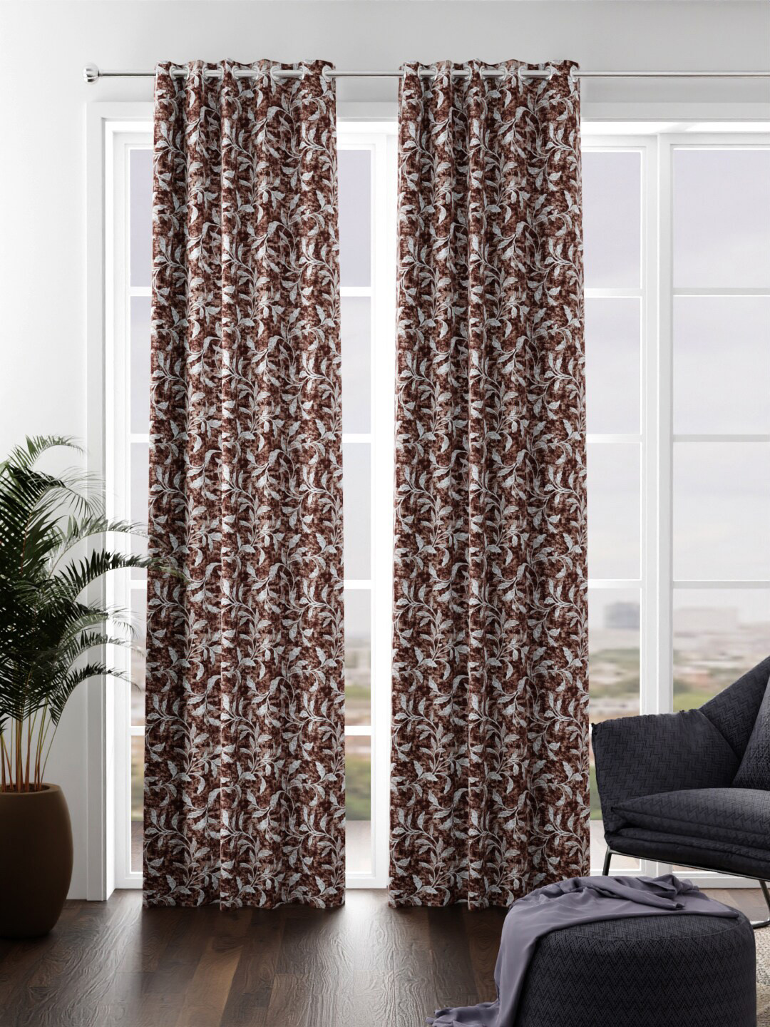 KOPA Brown & Off White Set of 2 Floral Door Curtains