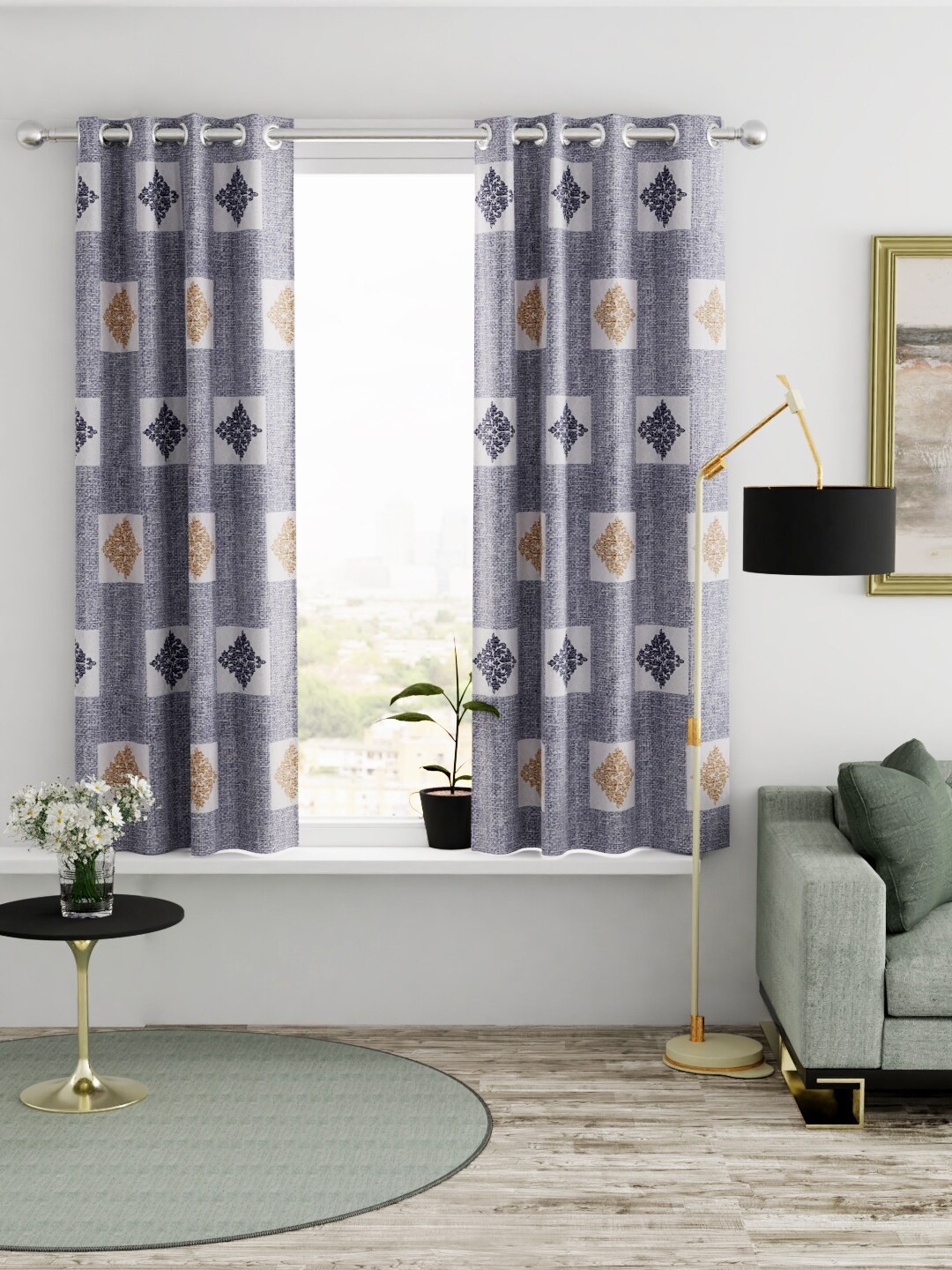 KOPA Silver-Toned & Blue Set of 2 Ethnic Motifs Window Curtains