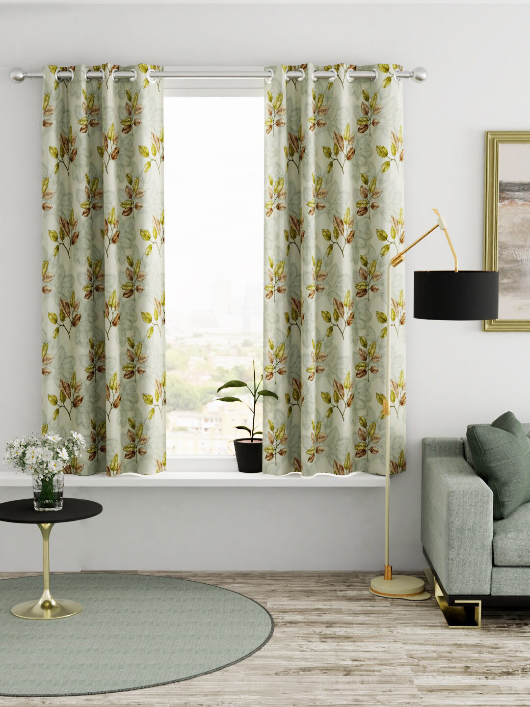 KOPA Beige & Green Set of 2 Floral Window Curtain