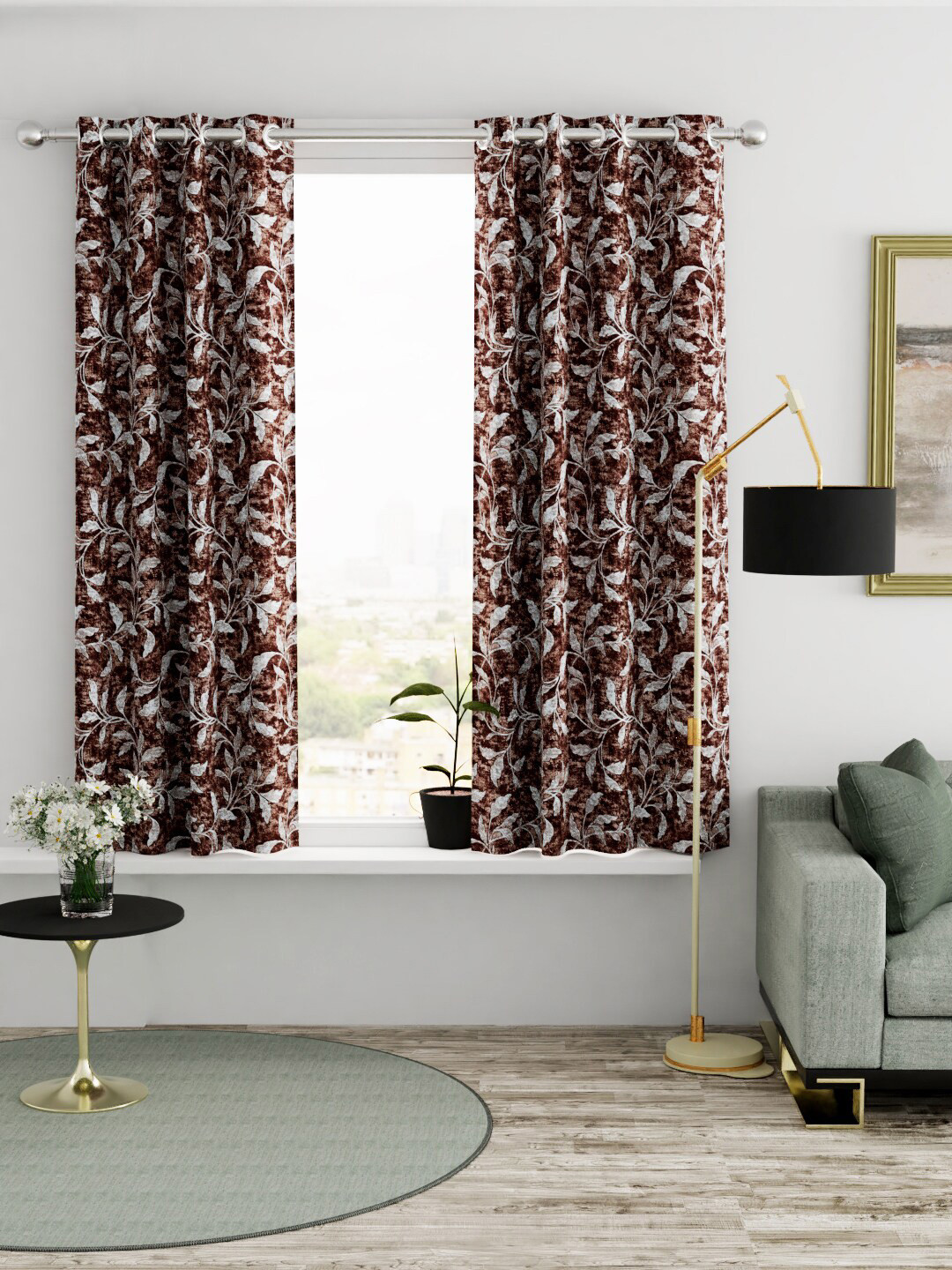 KOPA Brown & White Set of 2 Floral Window Curtain