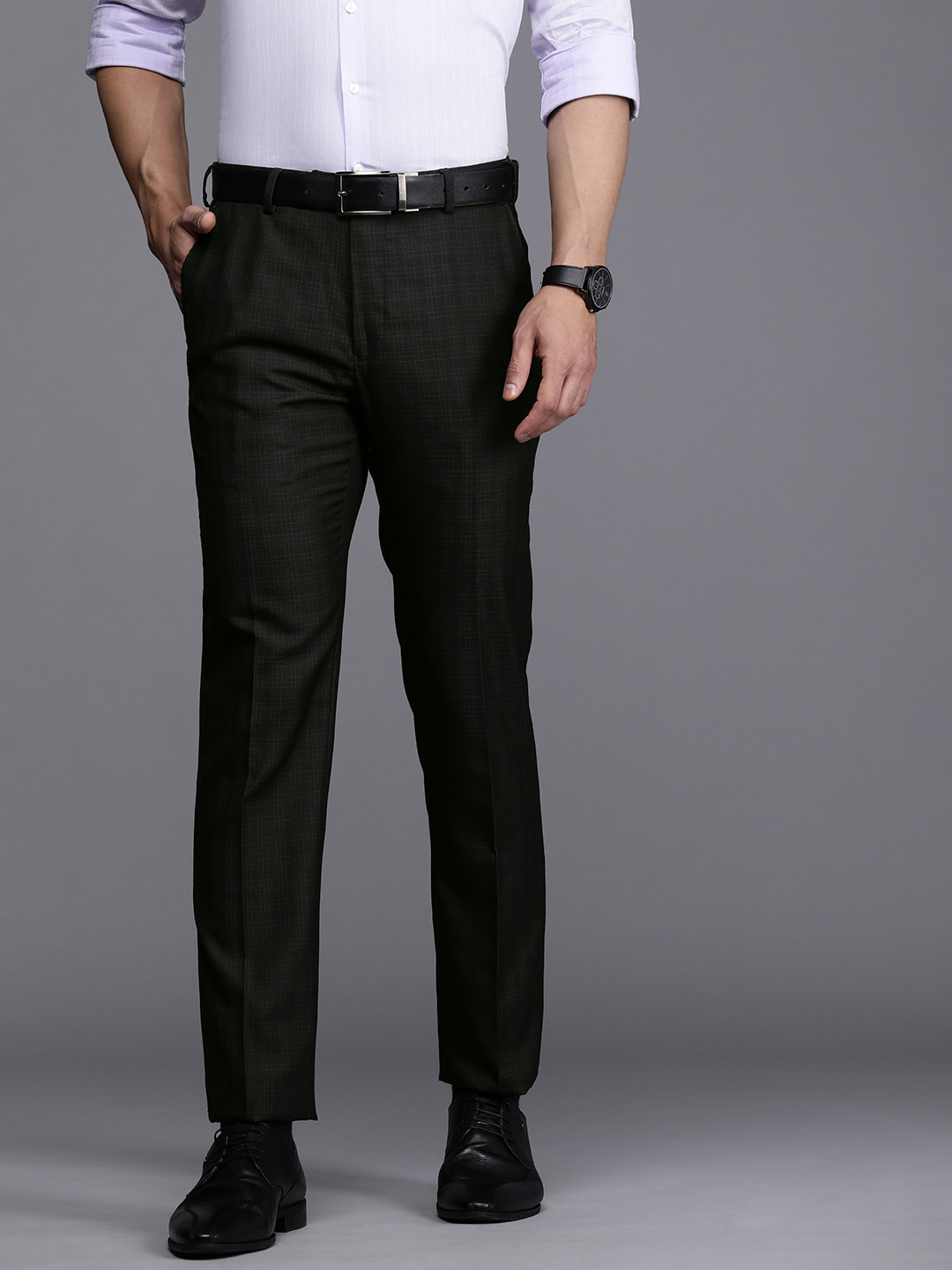 Raymond Men Dark Brown Checked Slim Fit Flat-Front Formal Trousers