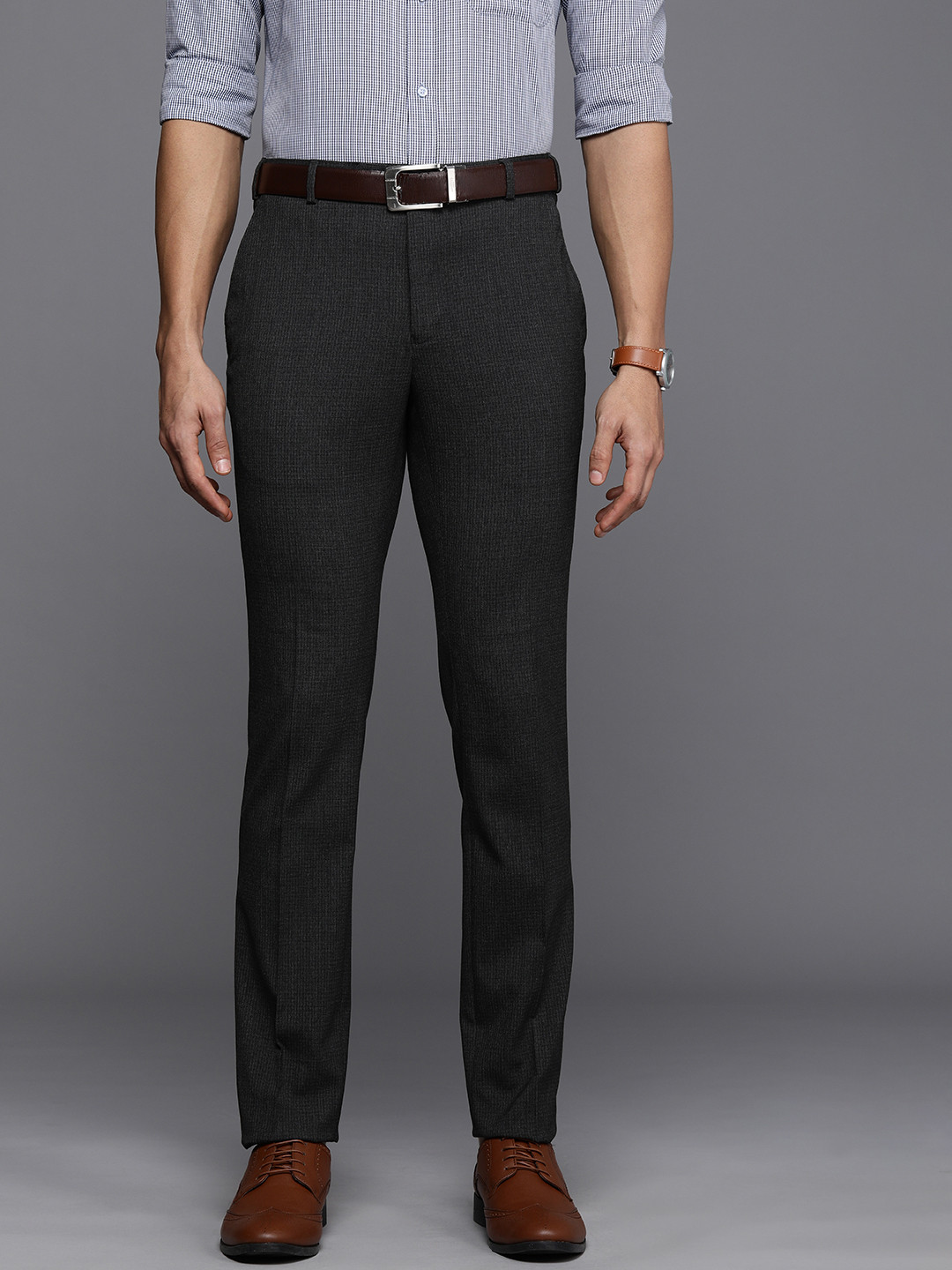 Raymond Men Dark Grey Checked Slim Fit Mid-Rise Formal Trousers