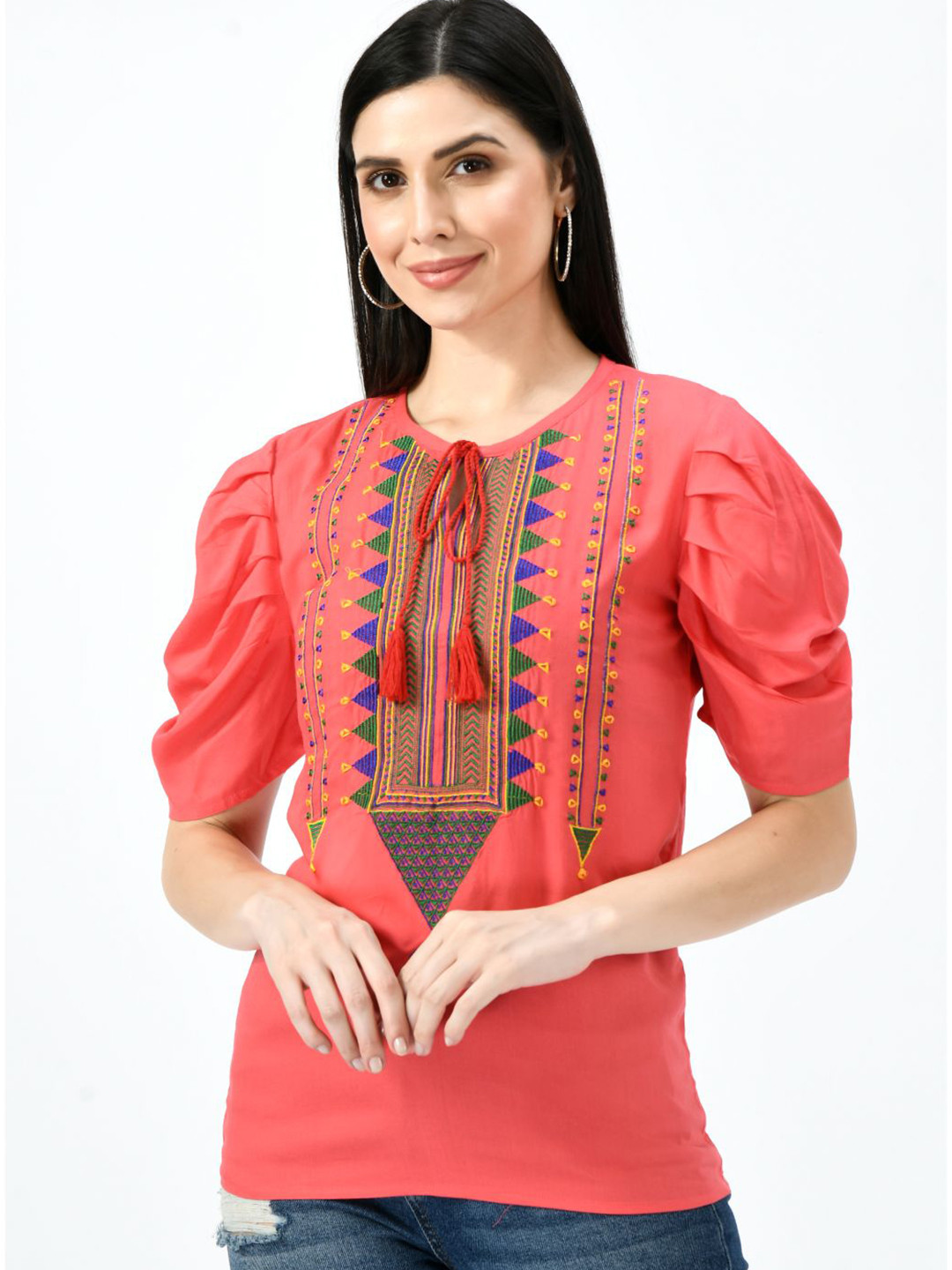 TAARAA Pink Geometric Embroidery Tie-Up Neck Top