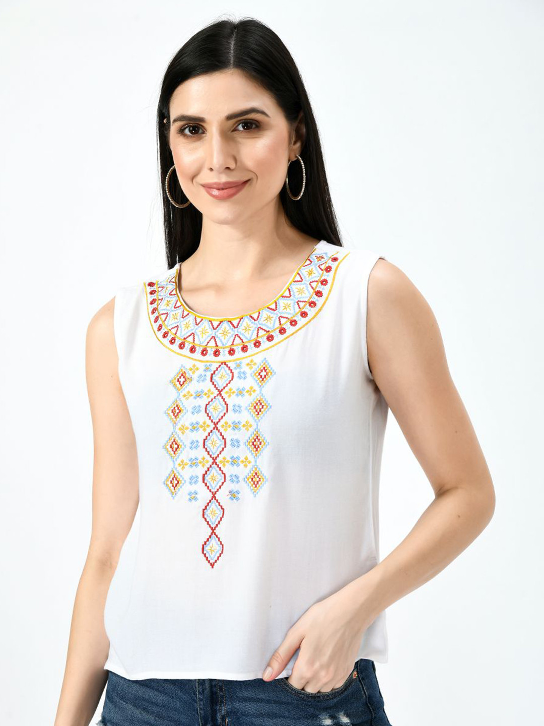 TAARAA Women's Rayon White Embroidery Casual Top