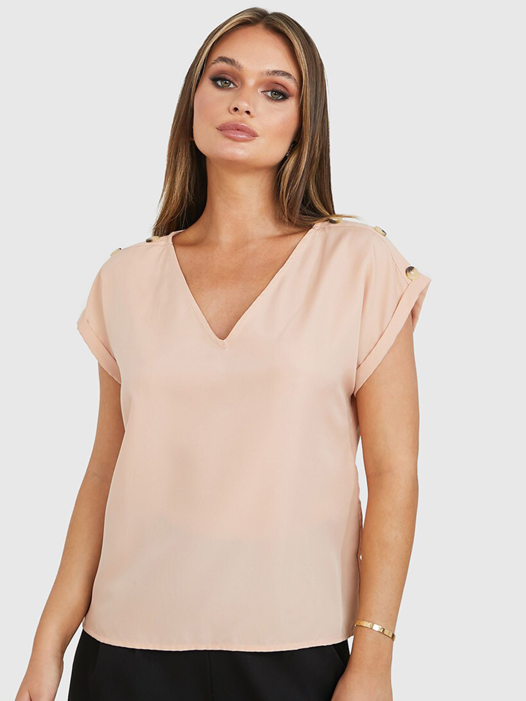 Styli Beige Regular Length V Neck Blouse with Shoulder Button Detail
