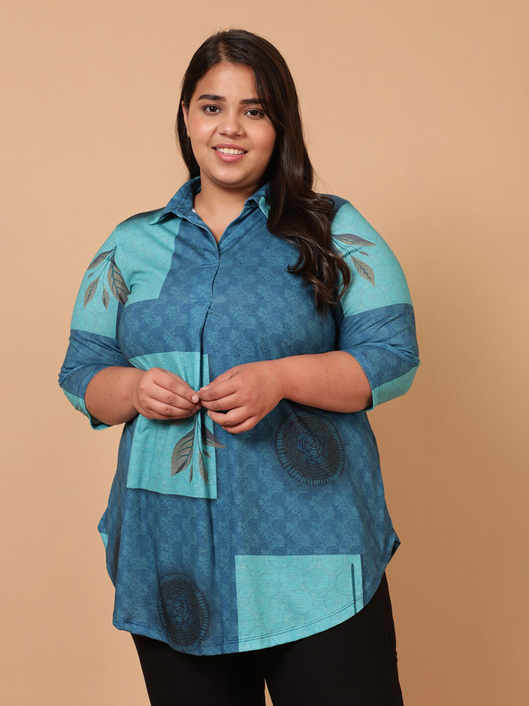 Amydus Women Plus Size Teal & Grey Print Shirt Style Top