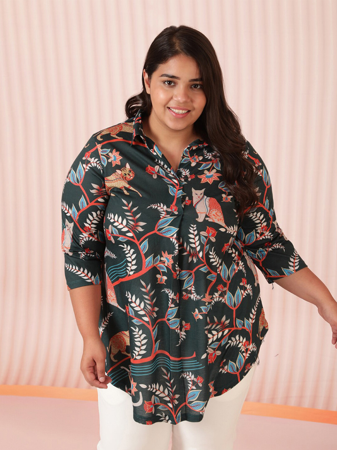 Amydus Women Plus Size Green & Orange Floral Printed Shirt Style Top