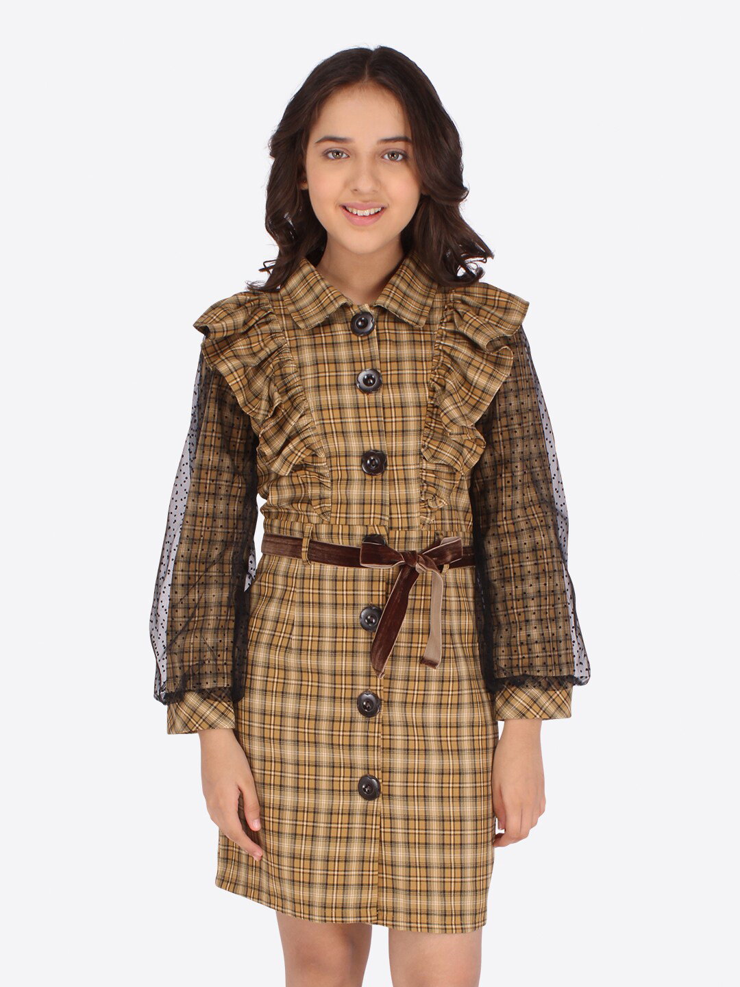 CUTECUMBER Girls Mustard Yellow Checked Net Shirt Dress
