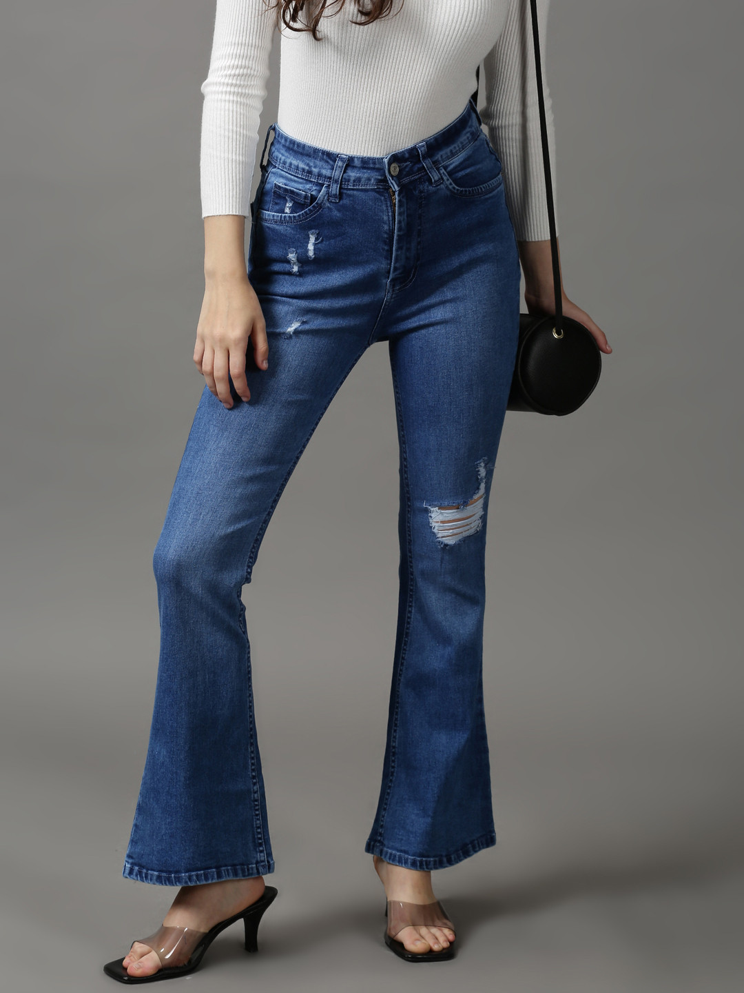 SHOWOFFFF Women Blue Bootcut Low Distress Light Fade Stretchable Jeans