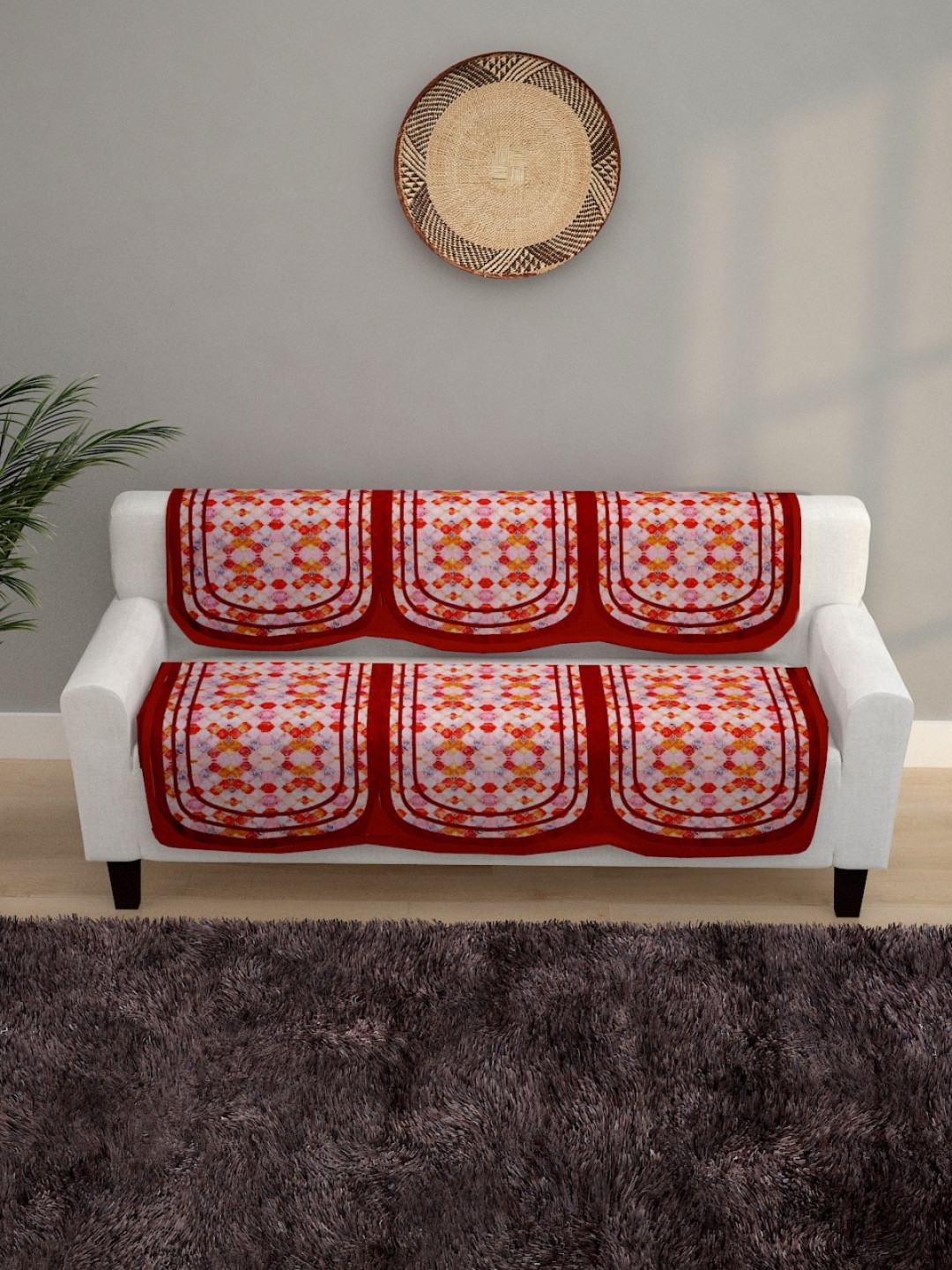 ROMEE Set Of 6 Red Ethnic Motifs 5-Seater Soft Polyester Velvet Sofa Cover