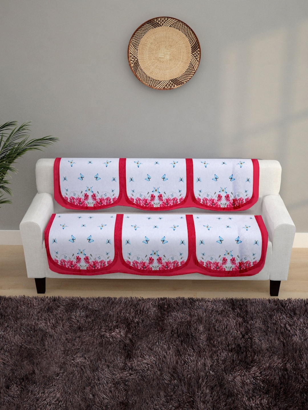 ROMEE White & Pink Butterfly Printed 6 Piece 5-Seater Sofa Covers