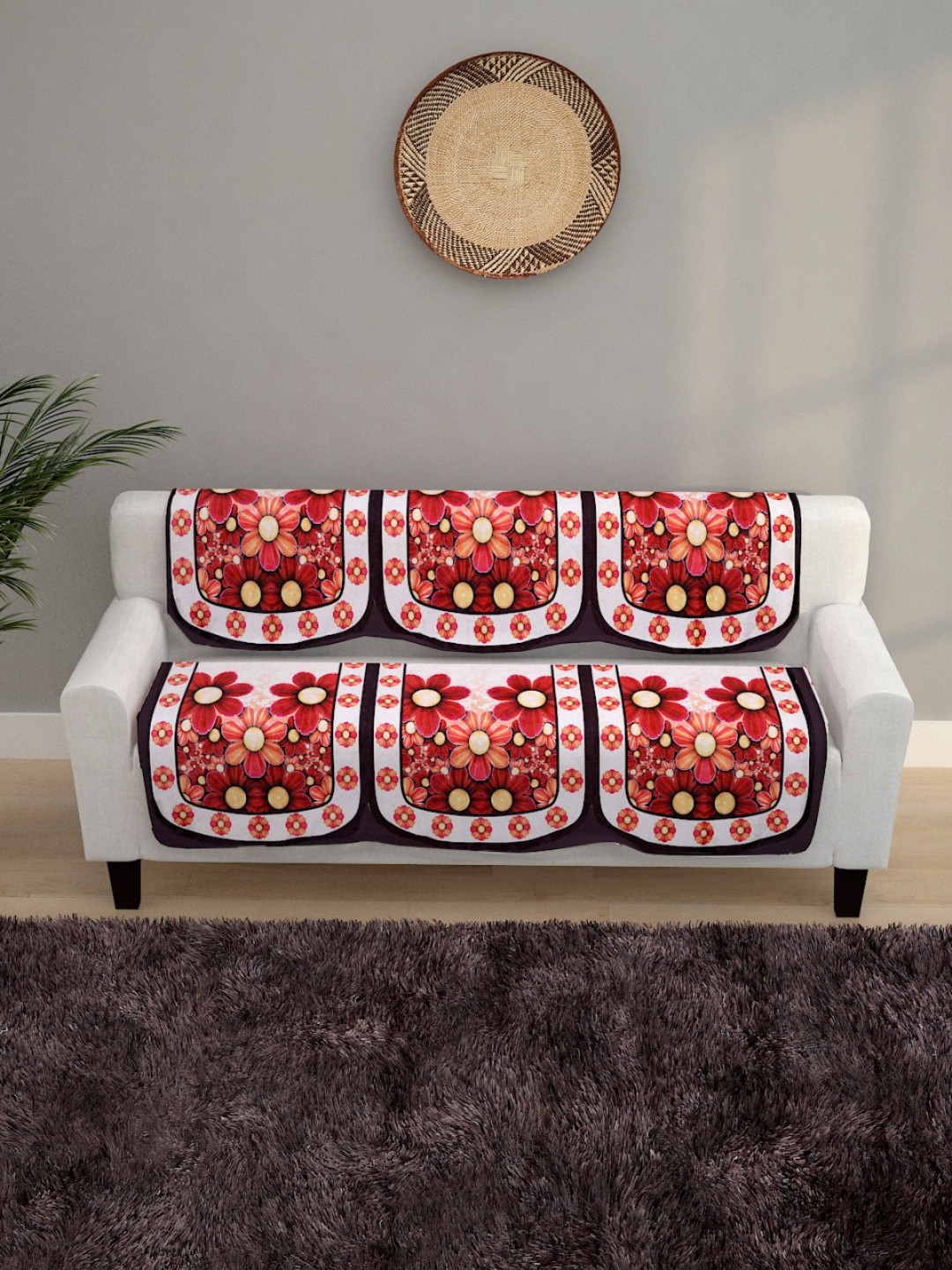 ROMEE 6 Pieces Maroon Floral Design 5-Seater Soft Polyester Velvet Sofa Covers