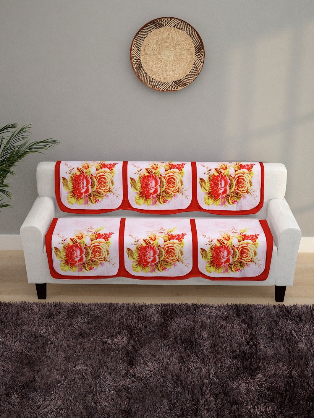 ROMEE 6 Pieces Pink & Yellow Floral Design 5-Seater Soft Polyester Velvet Sofa Cover