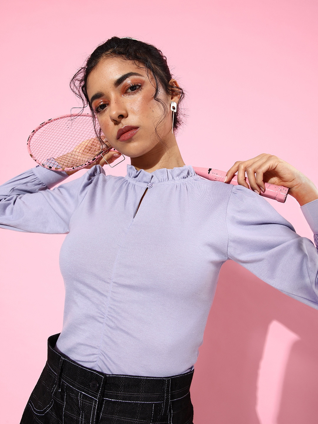 The Roadster Lifestyle Co. Solid Puff Sleeve Ruffled Top With Gathered Collar