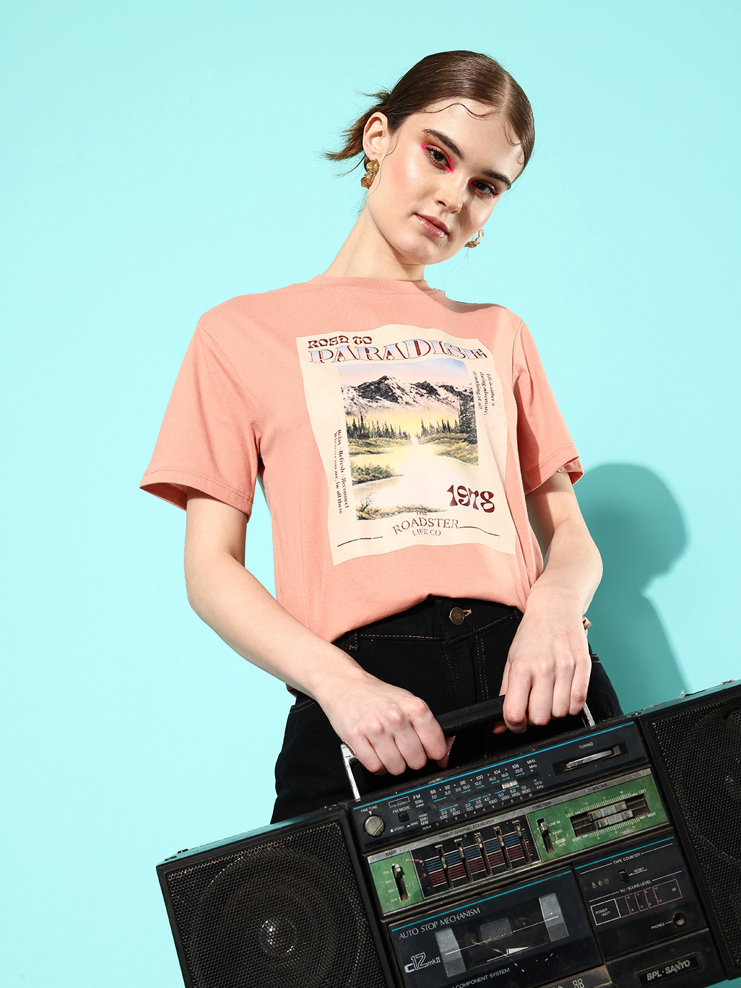 The Roadster Life Co. Peach Pink Poster Graphics Printed Drop-Shoulder Sleeves T-shirt