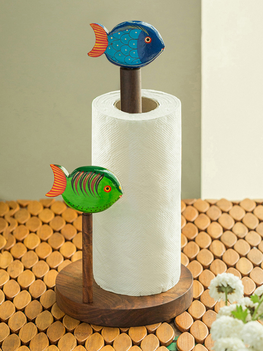 ExclusiveLane Brown Hand-Painted Fish Tissue Roll Holder In Sheesham Wooden