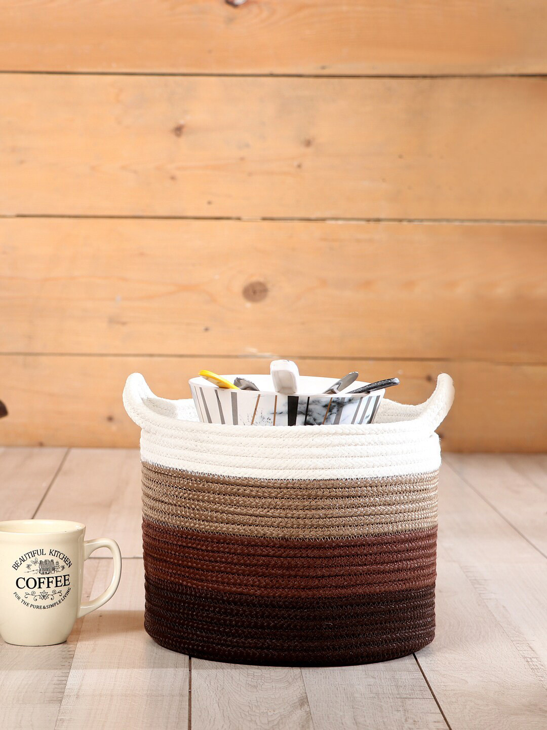 Pano Brown & White Striped Patterned Bamboo Round Storage Basket